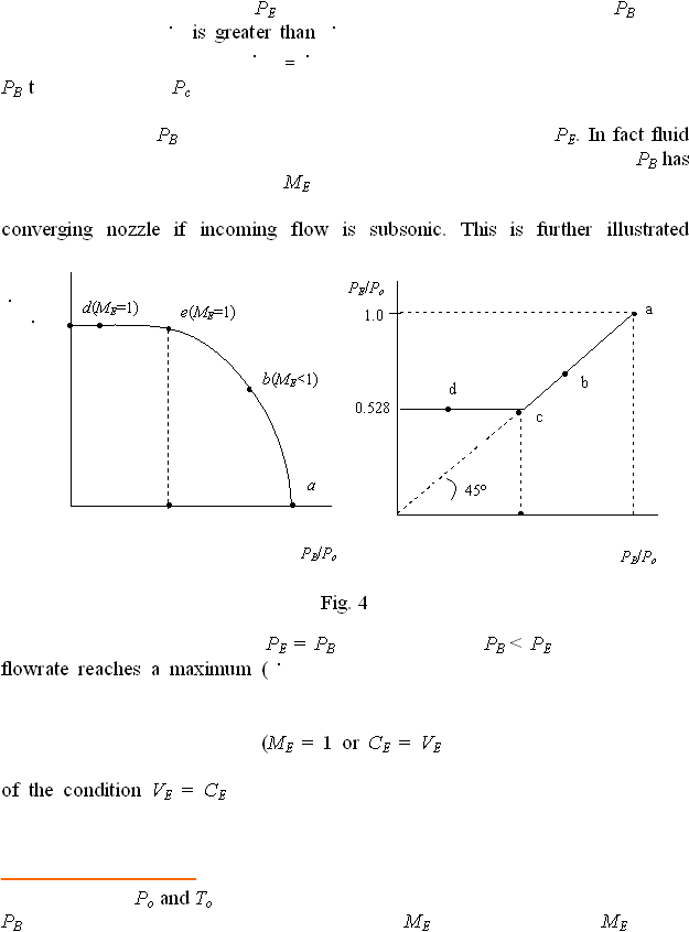  10      d(ME=1) e(ME=1) b(ME<1)  PB/Po a PE/Po    1.0 0.528 d c b a 45  PB/Po PEPB is greater than PB tPcPBPE. In fact fluid PB has MEconverging nozzle if incoming flow is subsonic. This is further illustrated               Fig. 4 PE = PBPB < PEflowrate reaches a maximum ((ME = 1 or CE = VEof the condition VE = CE  Po and ToPBME ME      